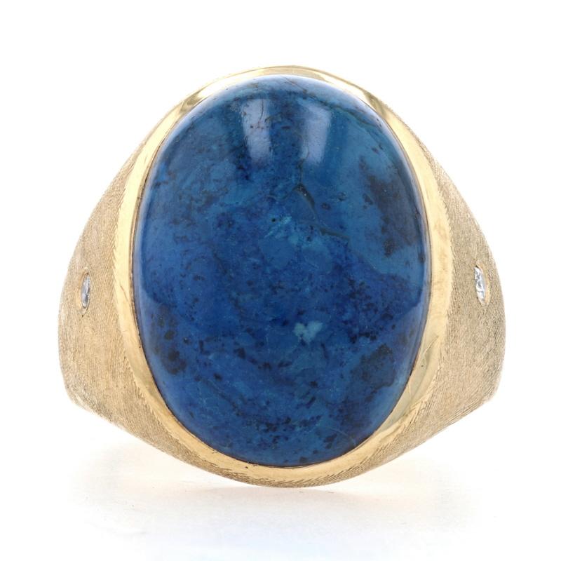 Size: 9 3/4
Sizing Fee: Down or up 1 size for $80 
(The re-sizing process will change the finish at the ring's shank.)

Era: Vintage

Metal Content: 14k Yellow Gold

Stone Information
Natural Lapis Lazuli
Cut: Oval Cabochon
Color: Blue
Size: 20mm x