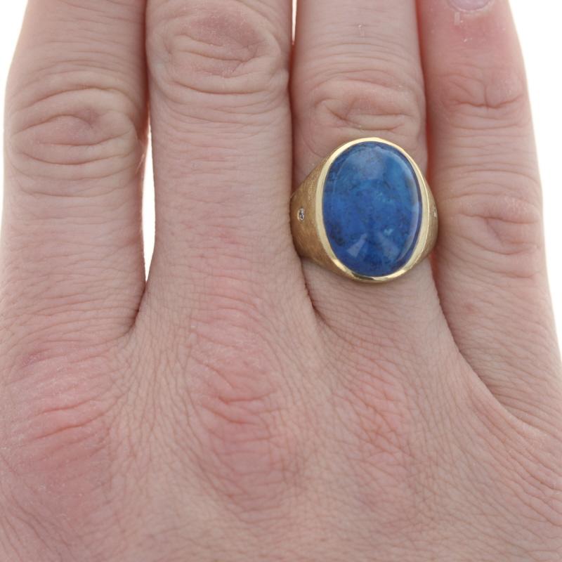Oval Cut Yellow Gold Lapis Lazuli & Diamond Vintage Men's Ring - 14k Oval Cabochon Cut