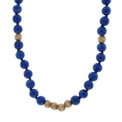 Yellow Gold Lapis Lazuli Knotted Strand Necklace 28" - 14k