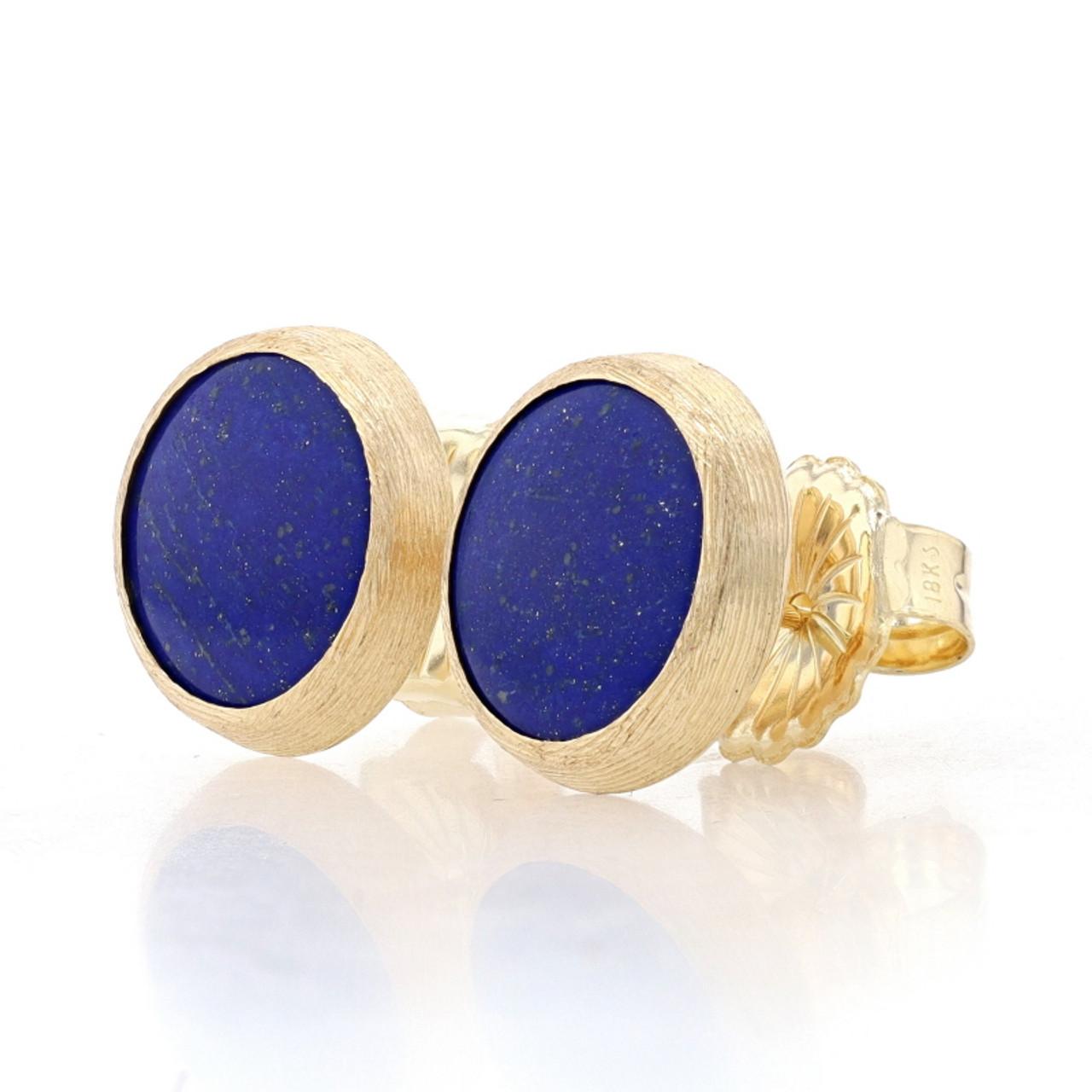 Yellow Gold Lapis Lazuli Large Stud Earrings 18k Brushed Circles Pierced

Stone Information::
Natural Lapis Lazuli
Color: Blue

Additional information:
Material: Metal 18k Yellow Gold
Style: Large Stud
Fastening Type: Butterfly Closures
Theme: