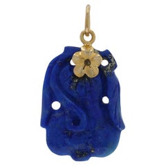 Yellow Gold Lapis Lazuli Pendant - 14k Carved Solitaire