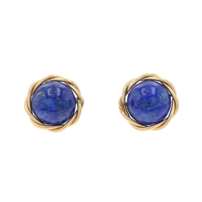 Metal Content: 14k Yellow Gold

Stone Information

Natural Lapis Lazuli
Cut: Round Cabochon

Style: Stud
Fastening Type: Butterfly Closures
Features: Rope Twist Border

Measurements

Tall: 19/32