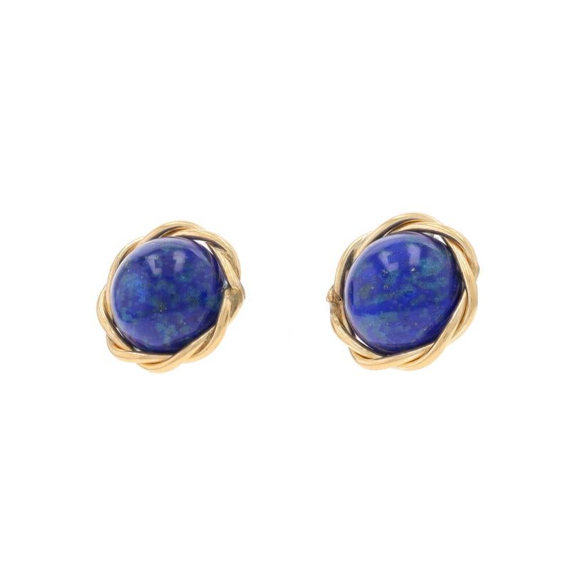 Taille ronde Boucles d'oreilles en or jaune Lapis Lazuli - 14k Cabochon Rond Corde Torsadée Pierced en vente