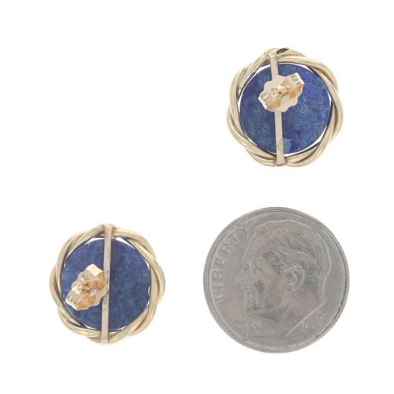 Boucles d'oreilles en or jaune Lapis Lazuli - 14k Cabochon Rond Corde Torsadée Pierced Excellent état - En vente à Greensboro, NC