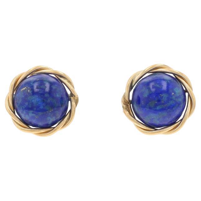 Boucles d'oreilles en or jaune Lapis Lazuli - 14k Cabochon Rond Corde Torsadée Pierced en vente