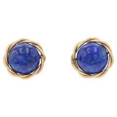 Yellow Gold Lapis Lazuli Stud Earrings - 14k Round Cabochon Rope Twist Pierced