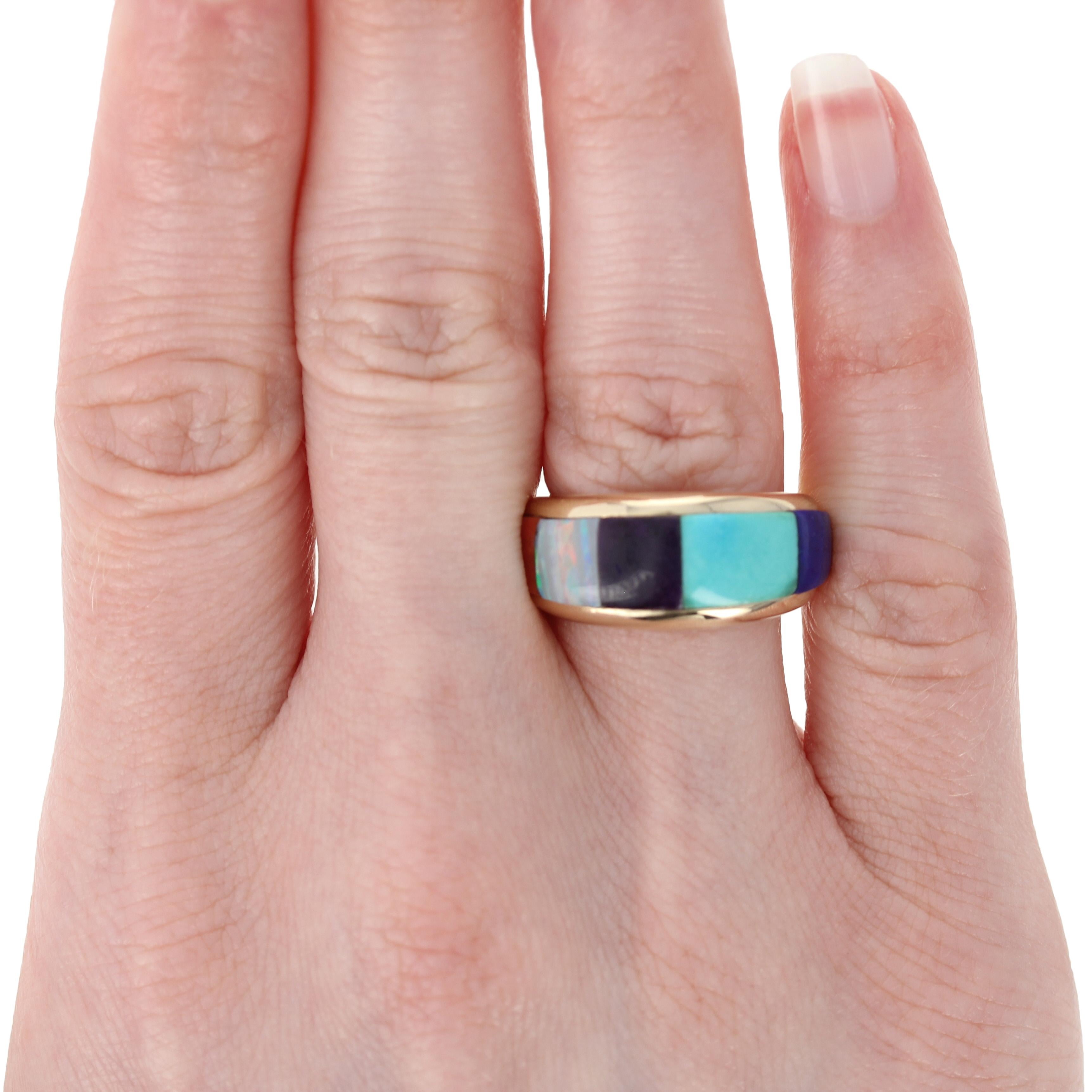 Yellow Gold Lapis, Turquoise, Sugilite, Opal & Coral Ring 14k Southwestern 2