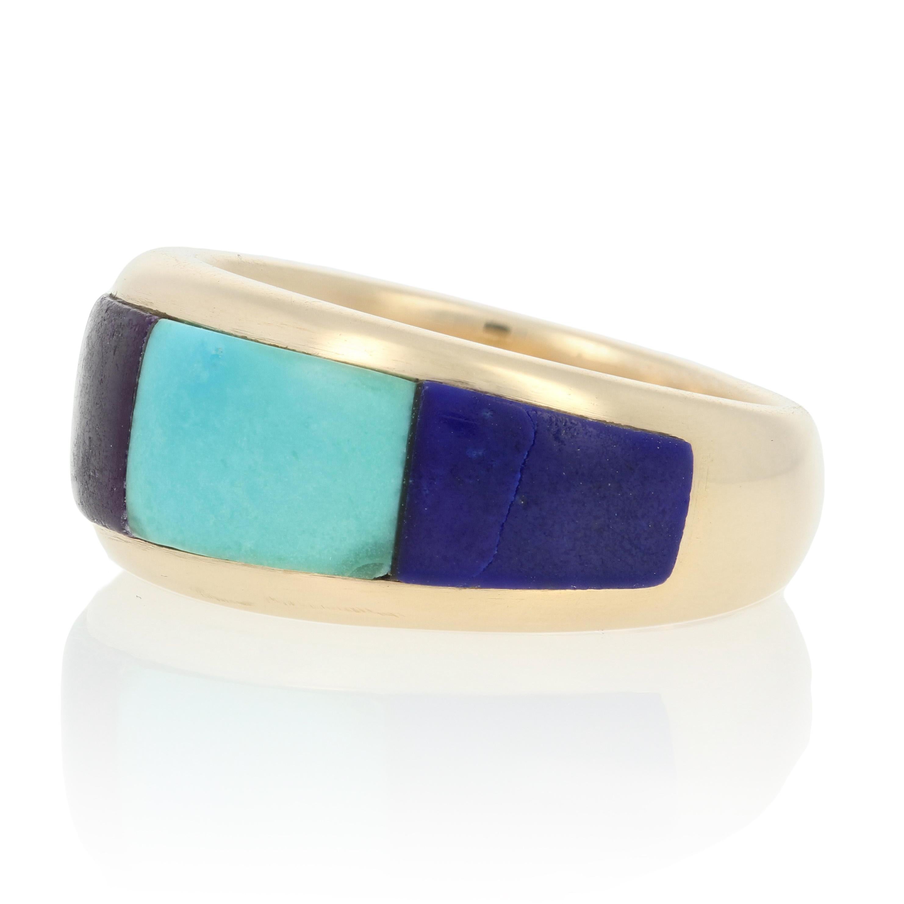 Size: 6 1/2

Southwestern
Metal Content: Guaranteed 14k Gold as stamped

Stone Information: 
Genuine Lapis Lazuli
Color: Blue

Genuine Turquoise
Treatment: Routinely Enhanced
Color: Blue

Genuine Sugilite
Color: Purple

Genuine Opal

Genuine