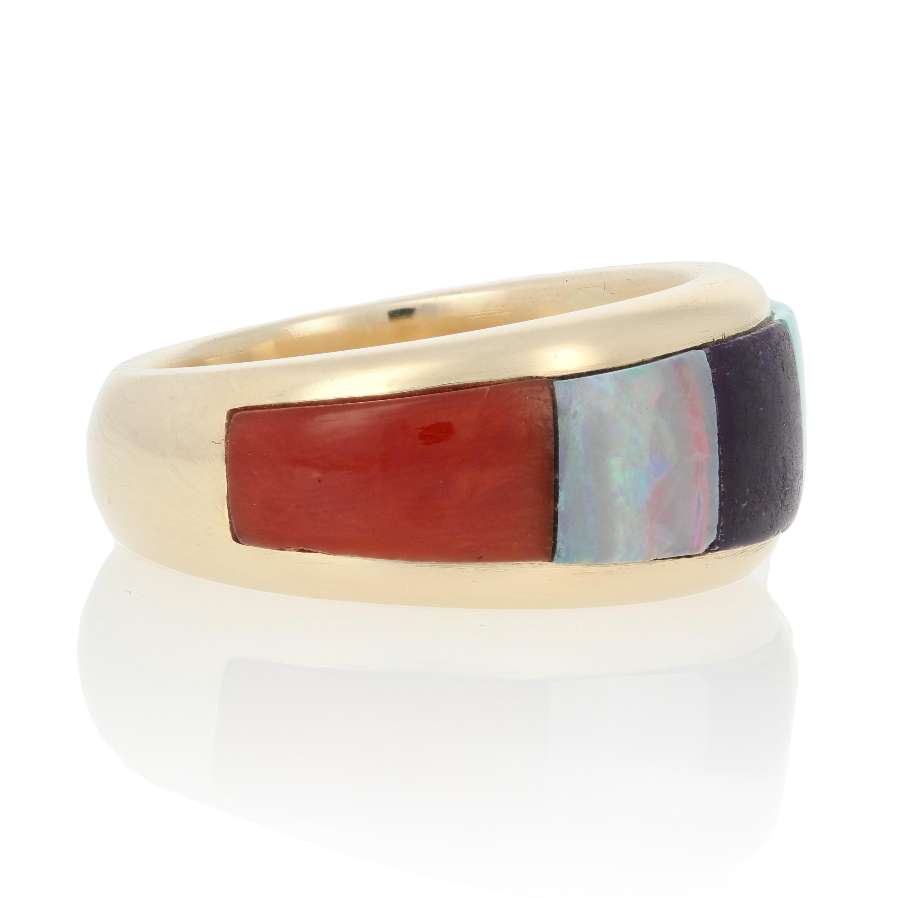 Yellow Gold Lapis, Turquoise, Sugilite, Opal & Coral Ring 14k Southwestern In Excellent Condition In Greensboro, NC