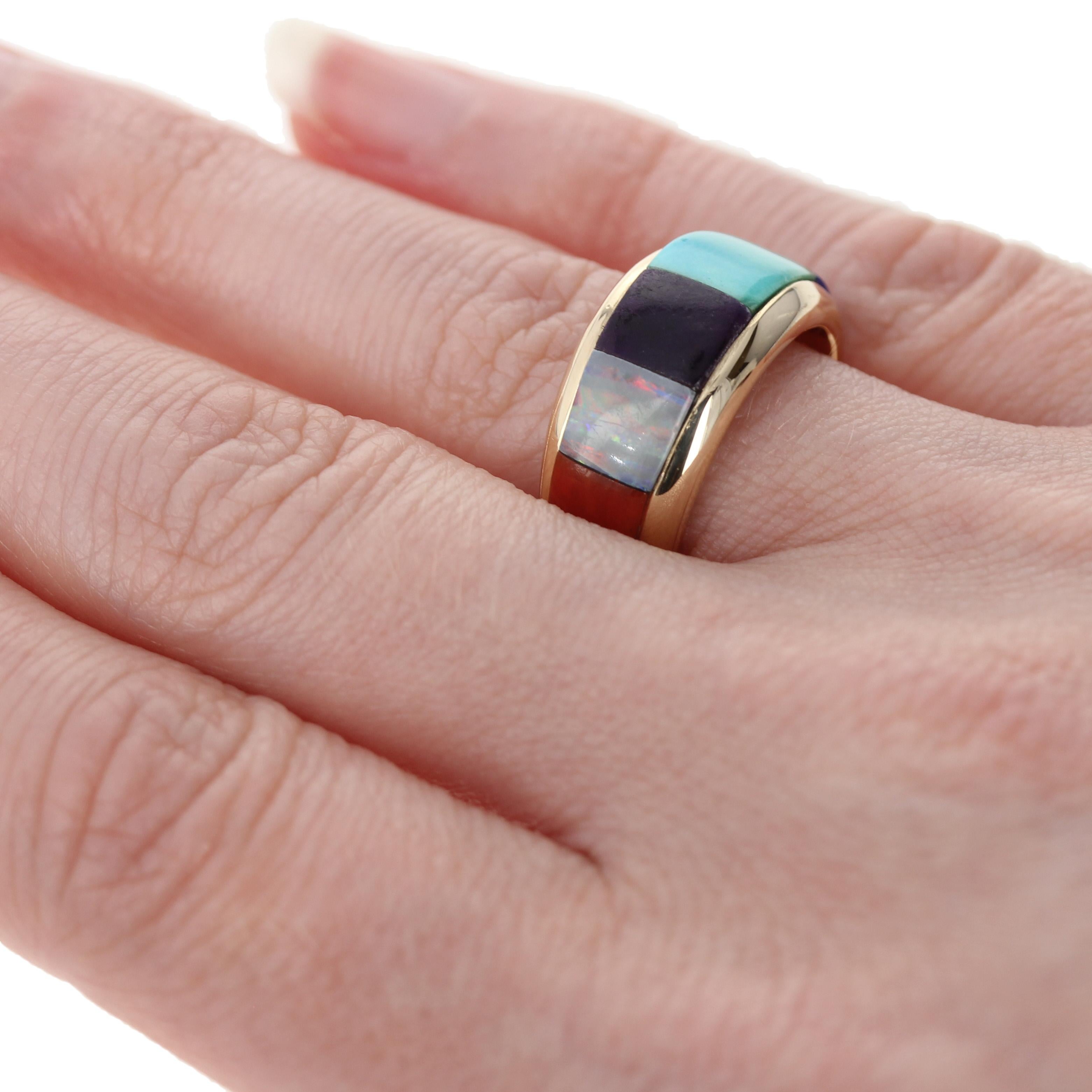 Yellow Gold Lapis, Turquoise, Sugilite, Opal & Coral Ring 14k Southwestern 3