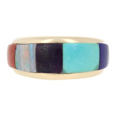 Yellow Gold Lapis, Turquoise, Sugilite, Opal & Coral Ring 14k Southwestern