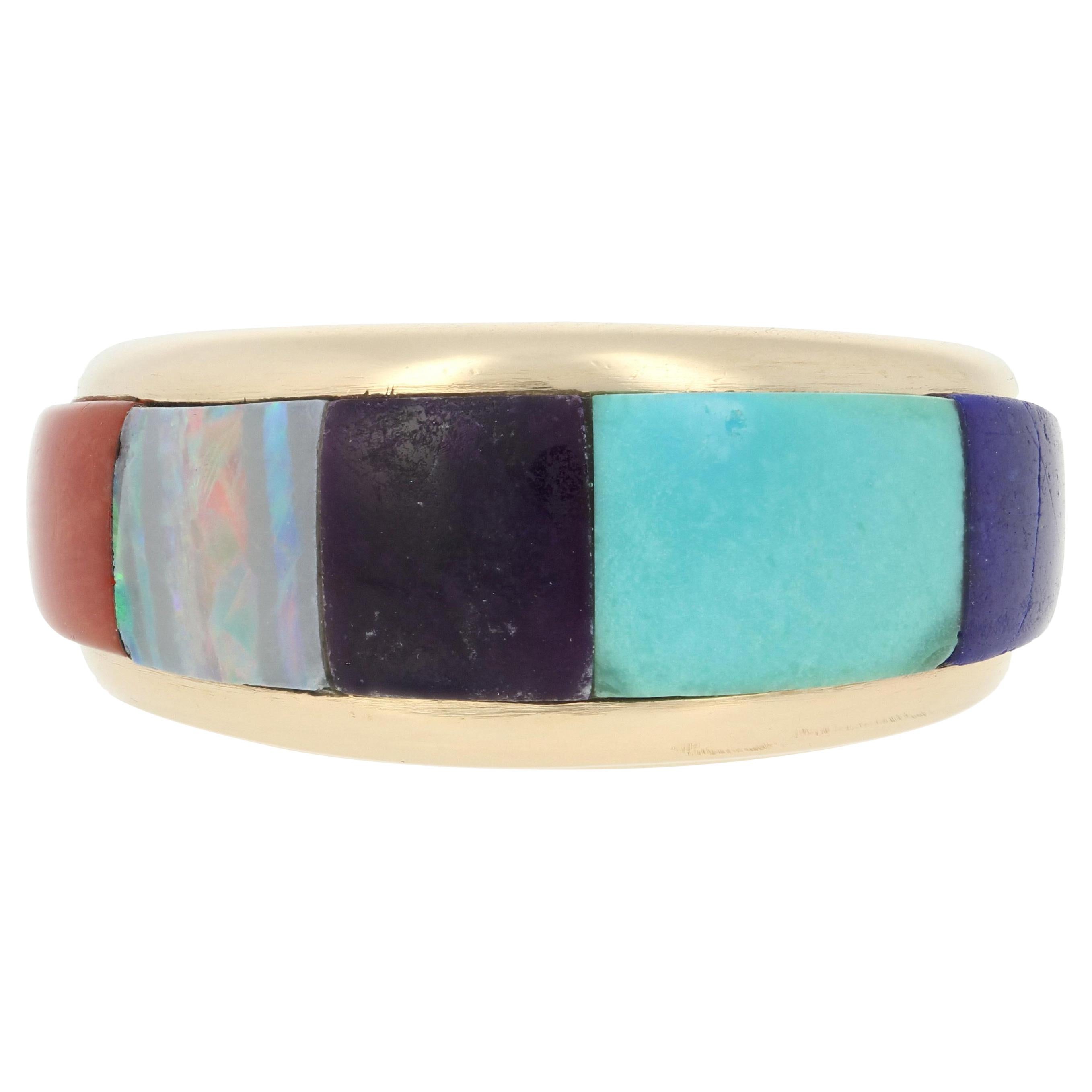 Yellow Gold Lapis, Turquoise, Sugilite, Opal & Coral Ring 14k Southwestern