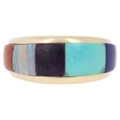 Yellow Gold Lapis, Turquoise, Sugilite, Opal & Coral Ring 14k Southwestern