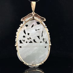 Yellow Gold Large Carved Pierced Jade Flower Basket & Bamboo Frame Pendant