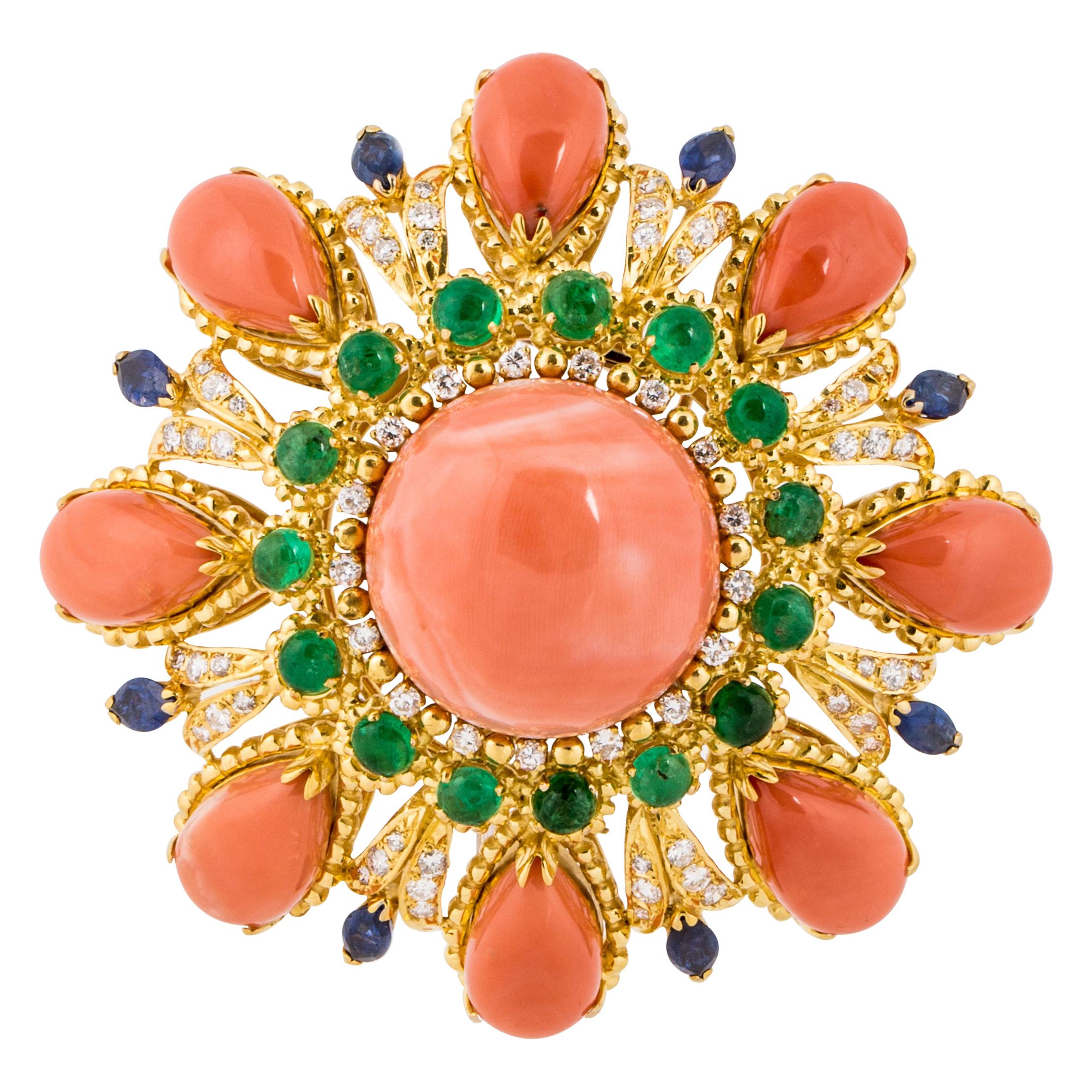 Coral Gemset Diamond Brooch in 18K Yellow Gold