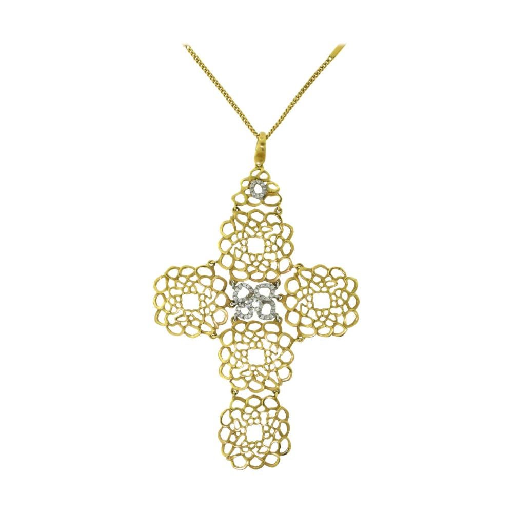 Yellow Gold Large Filigree Cross Pendant Necklace with Diamonds For Sale