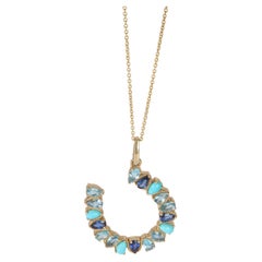 Yellow Gold  Large Mixed Blue Gemstone Horseshoe Pendant