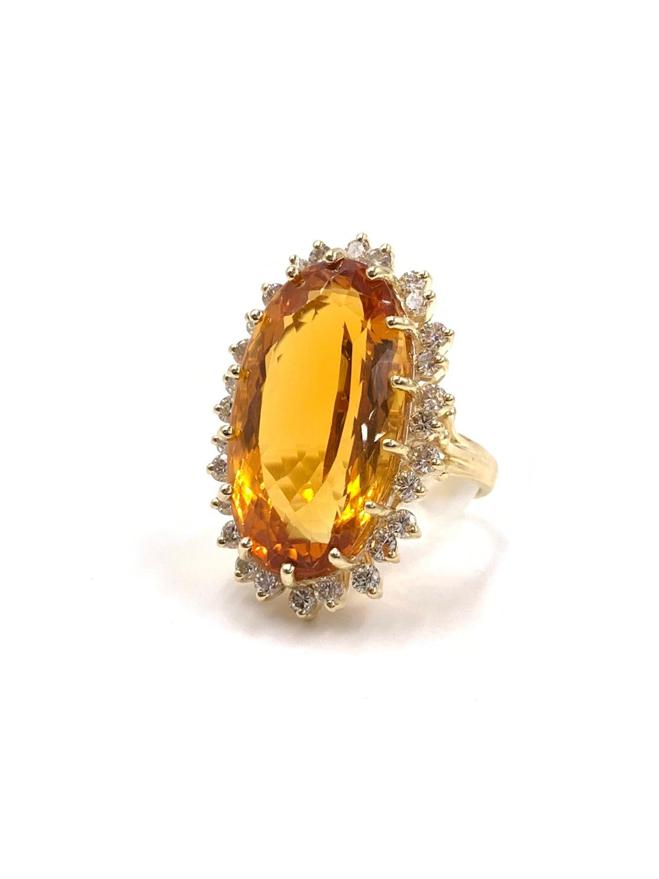 Yellow Gold Large Oval Citrine and Diamond Cocktail Ring In Good Condition For Sale In Pikesville, MD