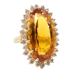 Retro Yellow Gold Large Oval Citrine and Diamond Cocktail Ring