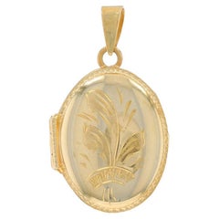 Yellow Gold Leaf Spray Oval Locket Pendant - 14k Botanical Two Frames Italy