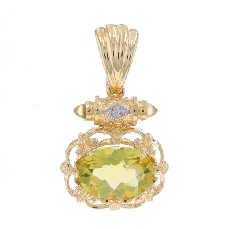 Metal Content: 14k Yellow Gold & 14k White Gold

Stone Information

Natural Lemon Citrine
Treatment: Heating
Carat(s): 5.20ct
Cut: Oval Checkerboard
Color: Greenish Yellow

Natural Diamond
Cut: Round Brilliant
Stone Note: (one small accent)

Total