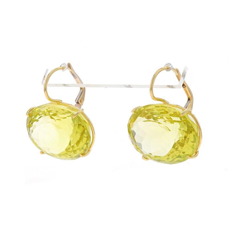 Oval Cut Yellow Gold Lemon Lime Quartz Drop Earrings - 18k Oval 9.38ctw Pierced For Sale