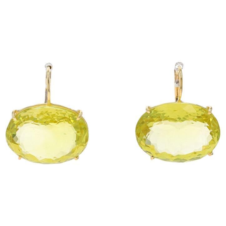 Yellow Gold Lemon Lime Quartz Drop Earrings - 18k Oval 9.38ctw Pierced For Sale