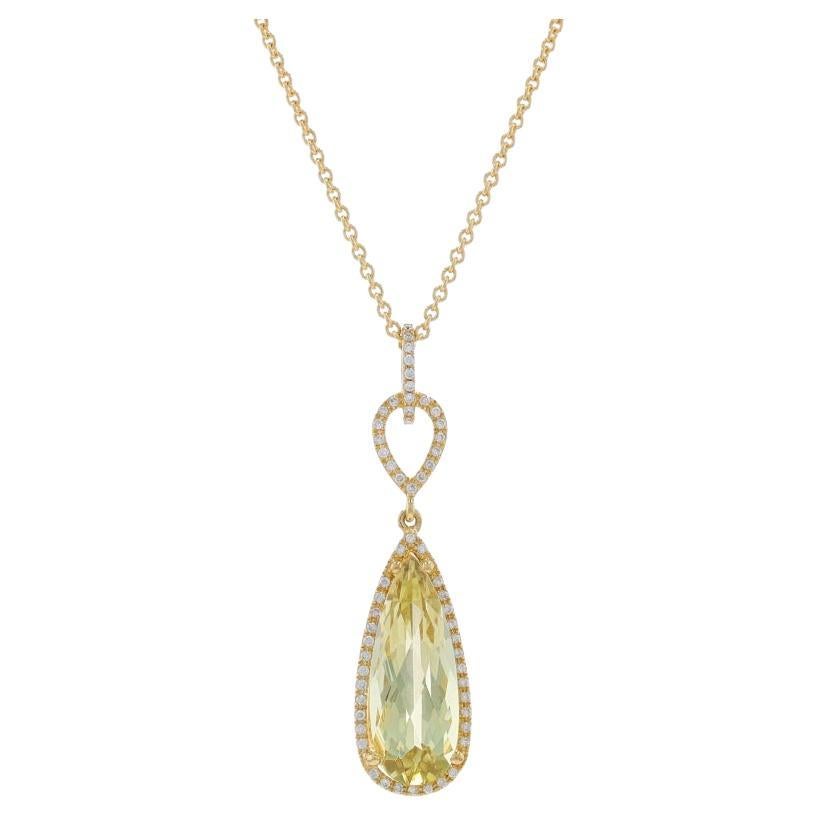 Yellow Gold Lemon Quartz & Diamond Halo Pendant Necklace 18" - 18k Pear 3.72ctw For Sale