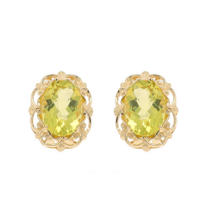 Metal Content: 14k Yellow Gold

Stone Information

Natural Lemon Quartz
Carat(s): 10.60ctw
Cut: Oval Cherkerboard
Color: Greenish Yellow

Total Carats: 10.60ctw

Style: Large Stud
Fastening Type: Omega Closures
Features: Scallop Scrollwork