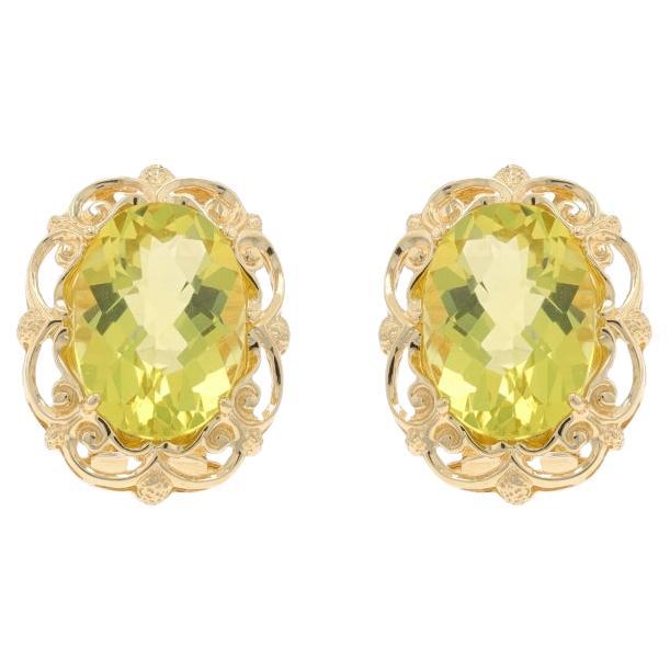 Yellow Gold Lemon Quartz Large Stud Earrings - 14k Oval Cherkerboard 10.60ctw For Sale