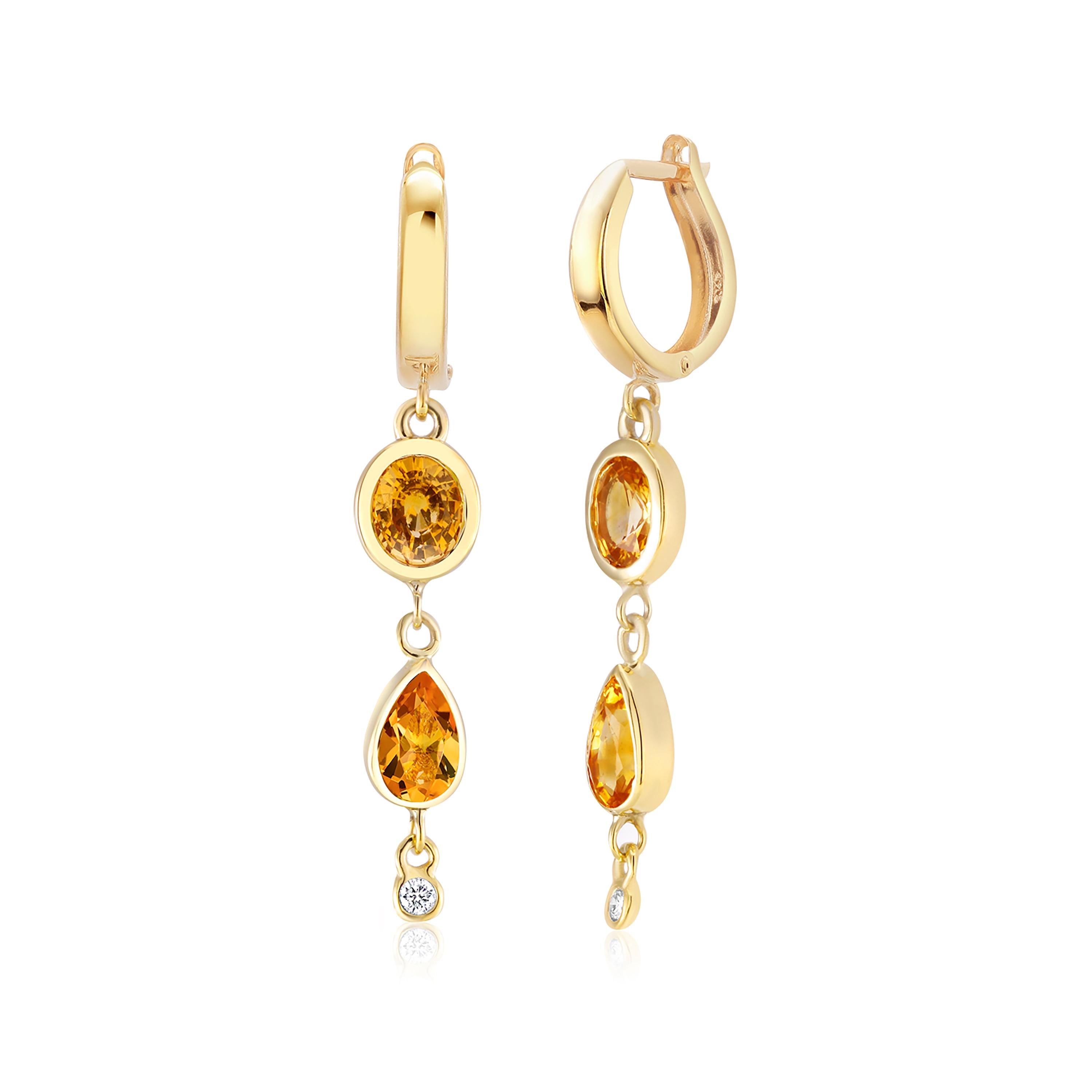 Pear Cut Yellow Gold Lever Back Huggie Earrings with Diamond and Yellow Sapphire Drops