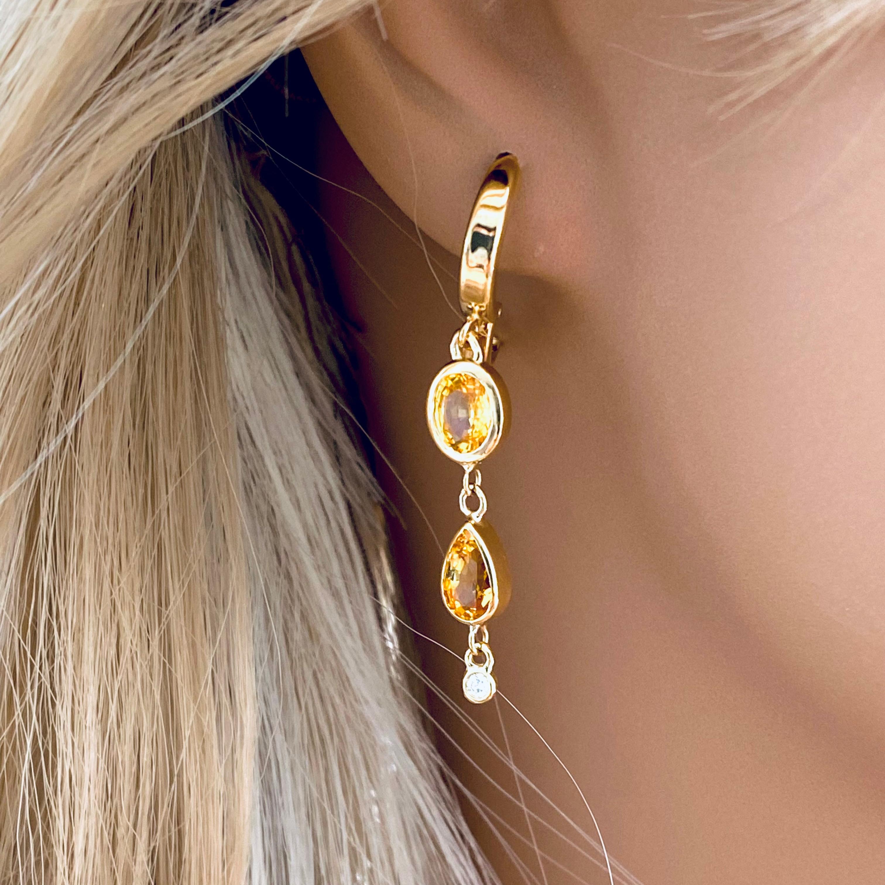 Contemporary Yellow Gold Lever Back Huggie Earrings with Diamond and Yellow Sapphire Drops