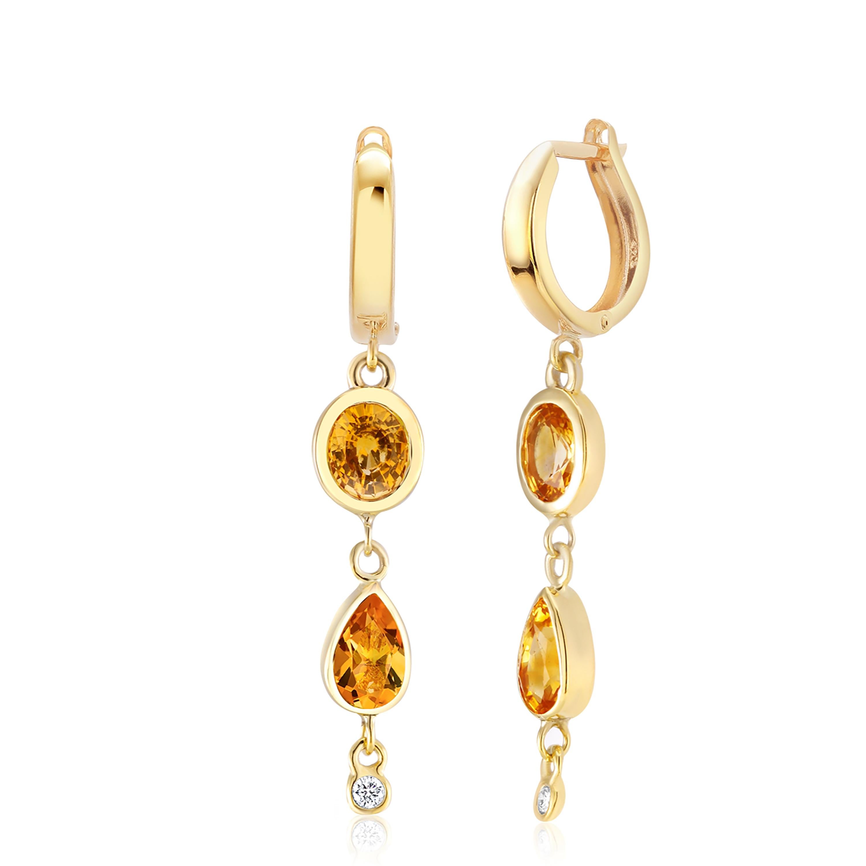 Women's or Men's Yellow Gold Lever Back Huggie Earrings with Diamond and Yellow Sapphire Drops
