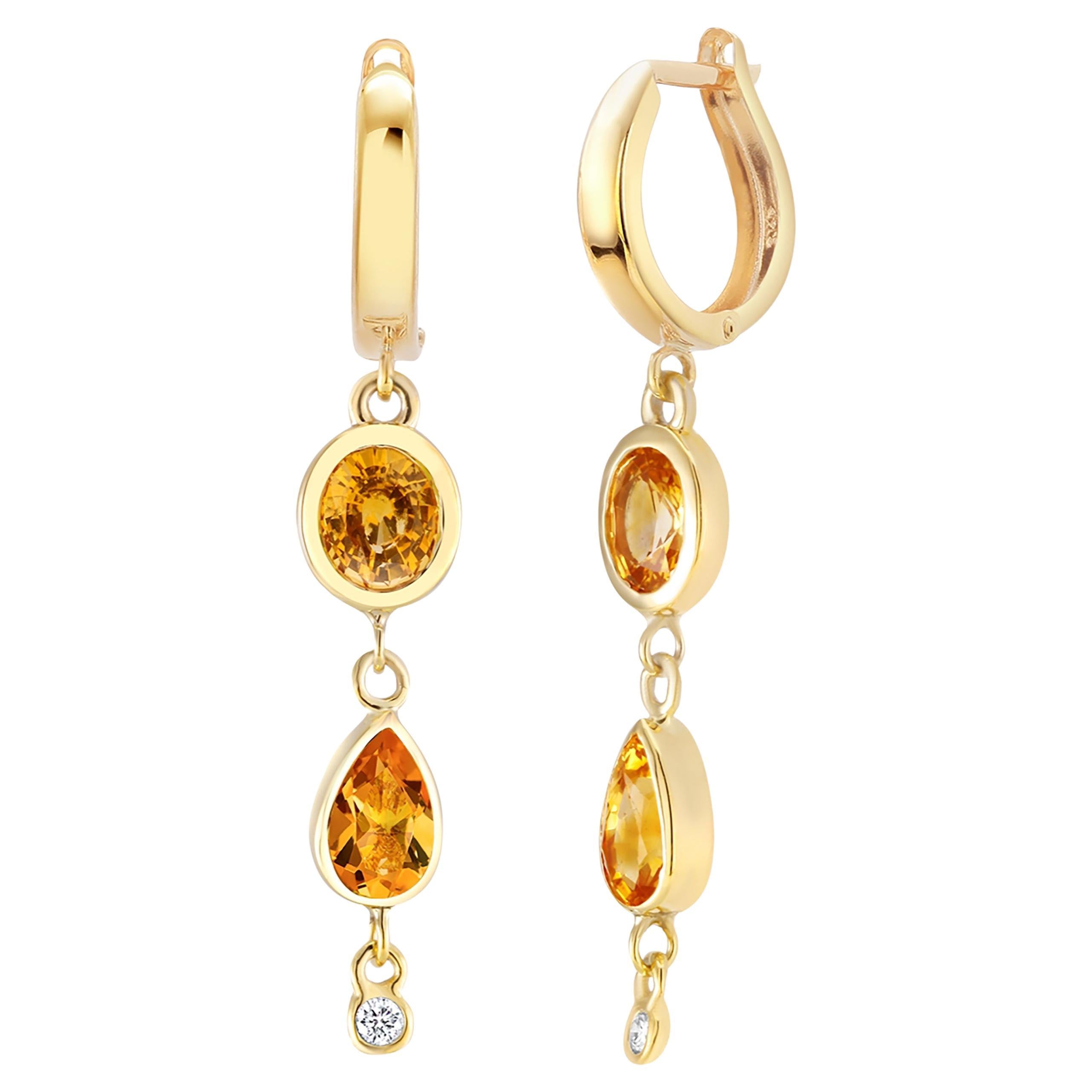 Yellow Gold Lever Back Huggie Earrings with Diamond and Yellow Sapphire Drops