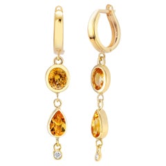 Yellow Gold Lever Back Huggie Earrings with Diamond and Yellow Sapphire Drops