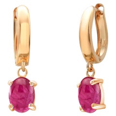 Yellow Gold Lever Back Huggie Earrings with Two Cabochon Burma Rubies