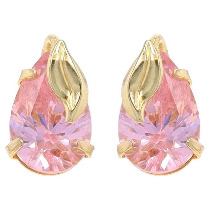 Clous d'oreilles en or jaune avec zirconia cubique rose clair - Poire 14 carats et feuilles 2,58 carats
