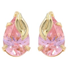 Yellow Gold Light Pink Cubic Zirconia Stud Earrings - 14k Pear 2.58ctw Leaves