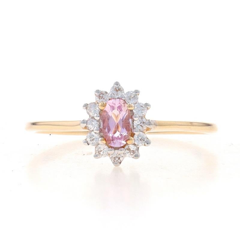 Size: 9 1/2
Sizing Fee: Up 2 sizes for $25 or Down 3 sizes for $25

Metal Content: 10k Yellow Gold & 10k White Gold

Stone Information
Natural Topaz
Treatment: Routinely Enhanced
Carat(s): .28ct
Cut: Oval
Color: Light Pink

Natural Topaz
Carat(s):