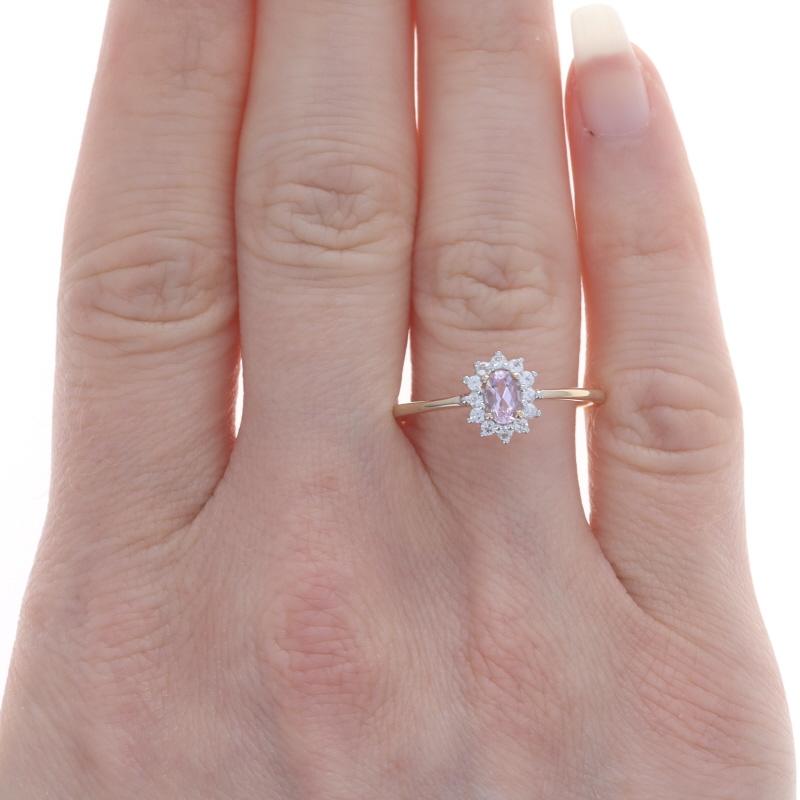 Oval Cut Yellow Gold Light Pink & White Topaz Halo Ring - 10k Oval .64ctw Flower For Sale