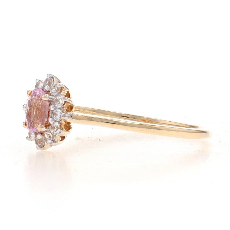 Yellow Gold Light Pink & White Topaz Halo Ring - 10k Oval .64ctw Flower In Excellent Condition For Sale In Greensboro, NC