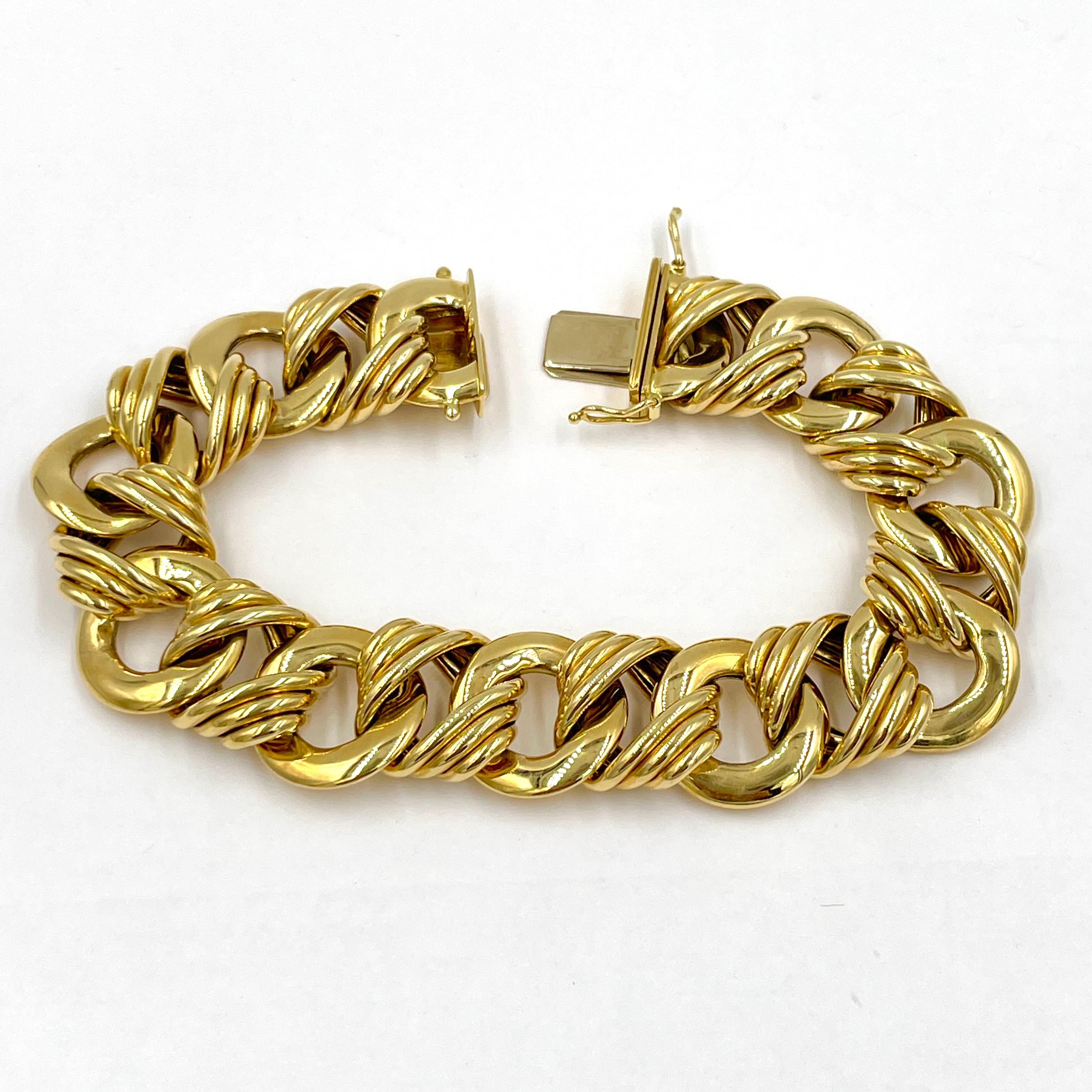 Estate gold link bracelet by Abel & Zimmerman circa 1980. *

ABOUT THIS ITEM: #B-DJ623A. Scroll down for specifications. A different kind of look and sturdy construction define this bracelet from one end to the other. The design is a casual