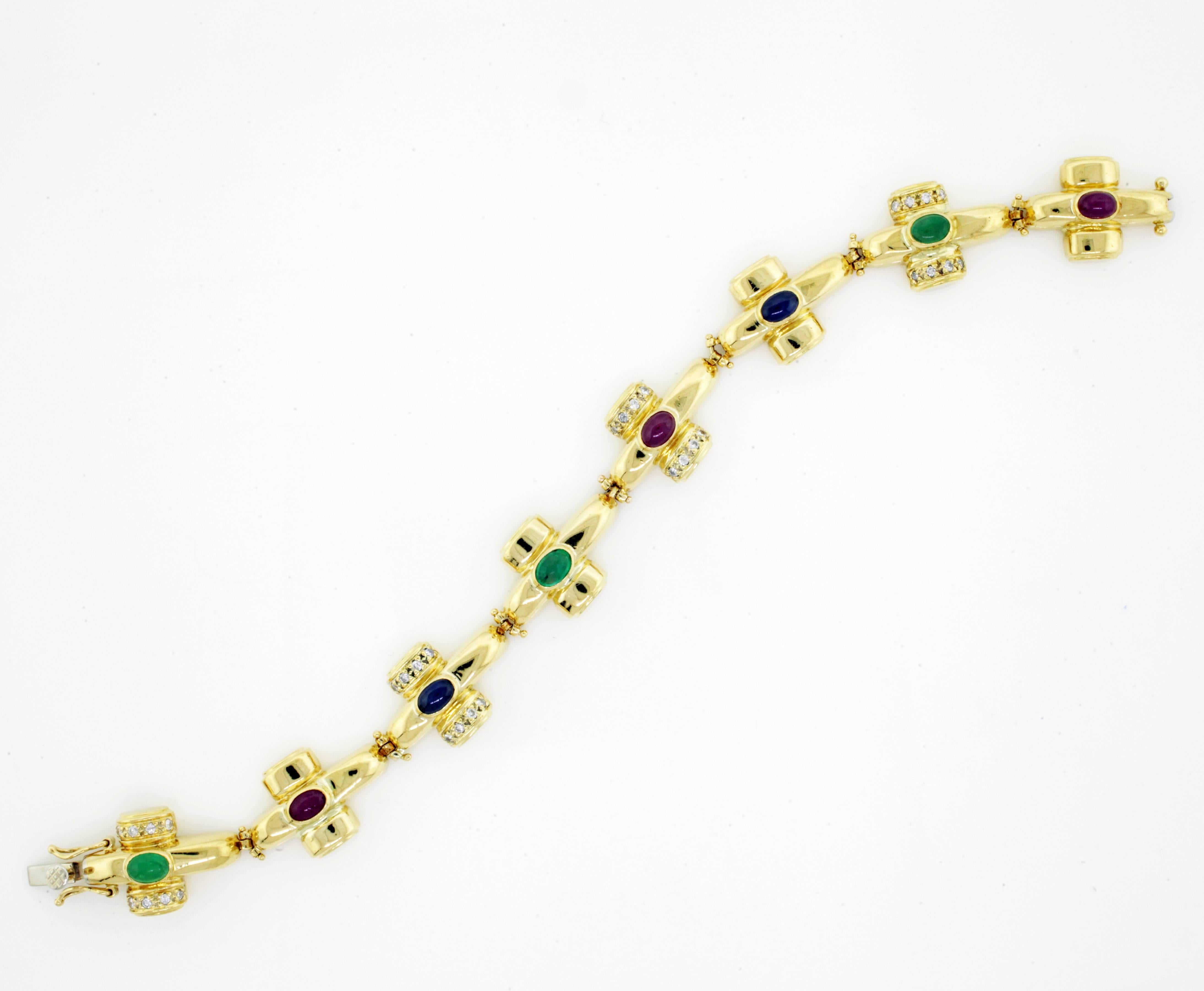 Modern Yellow Gold Link Bracelet with Diamond Rubies and Emeralds