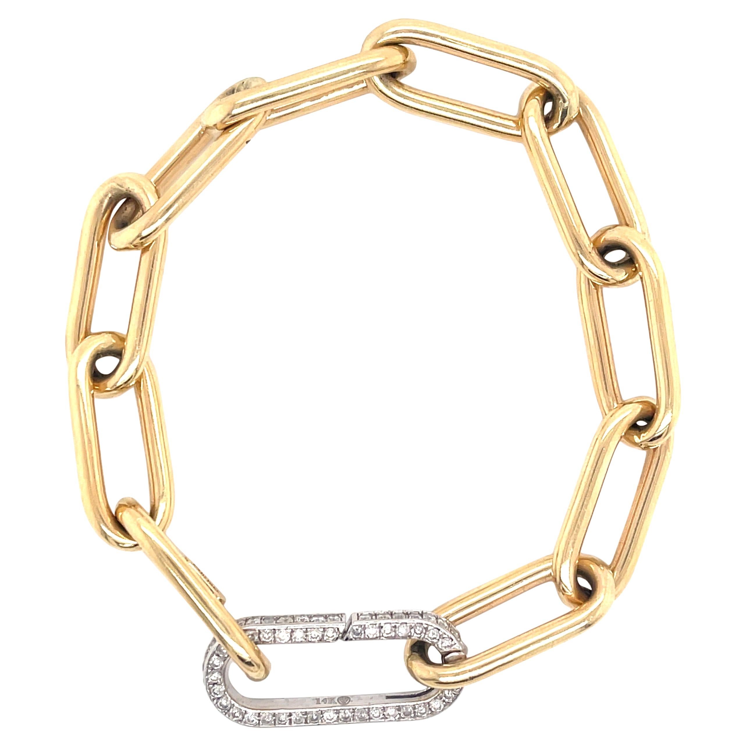 Italian 14 Karat Yellow Gold Link Chain Bracelet with White Gold Diamond Clasp
