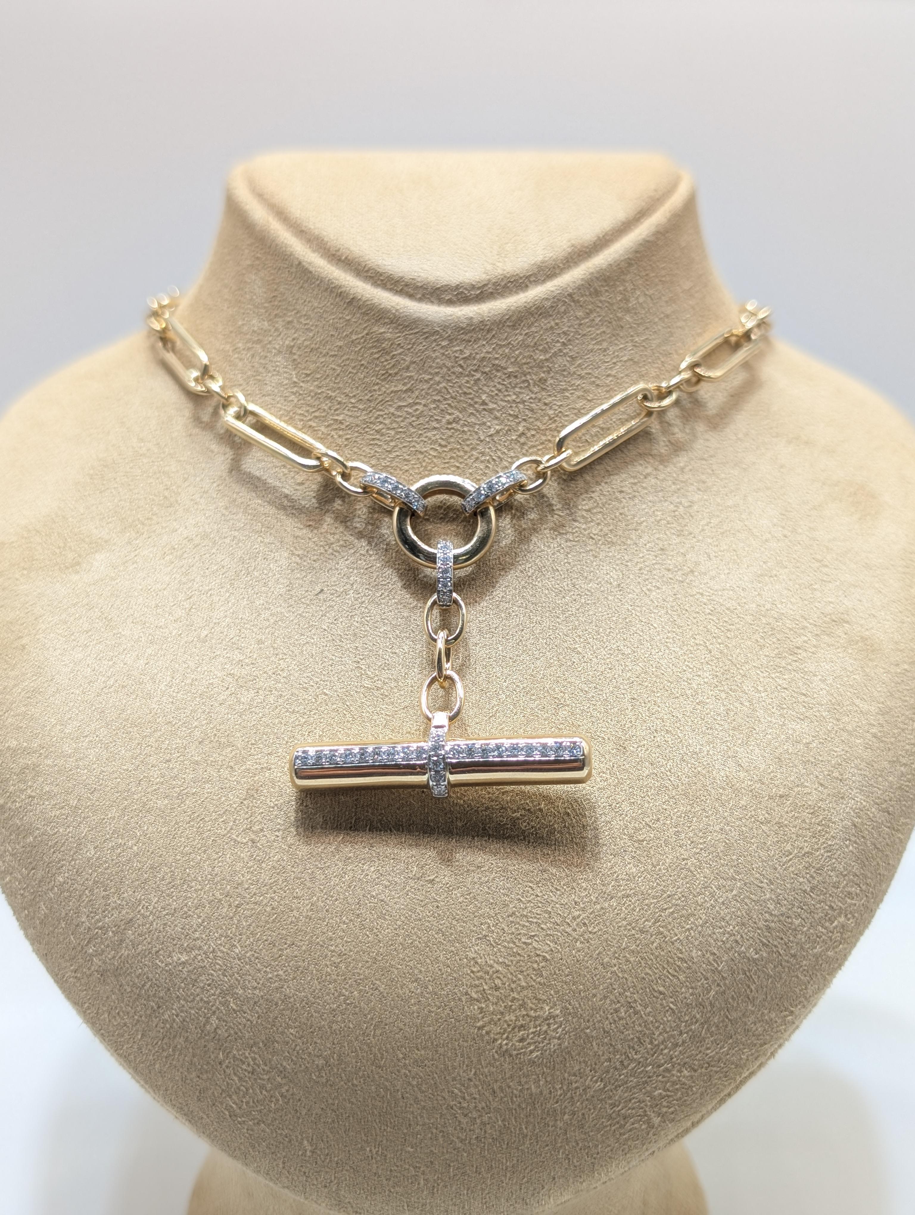 Timeless Yellow Gold Chain Necklace with Diamond Bar Drop Pendant – 16