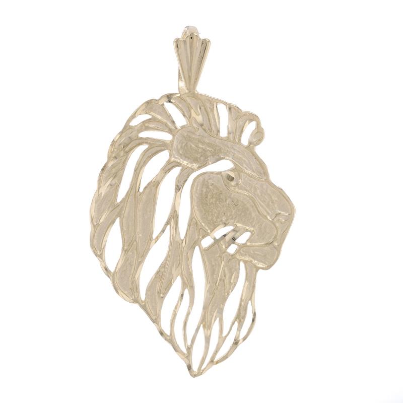 Brand: Michael Anthony

Metal Content: 14k Yellow Gold

Theme: Lion's Bust, Big Cat 
Features:  Open cut design with smooth, matte, & textured finishes

Measurements

Tall (from stationary bail): 1 23/32