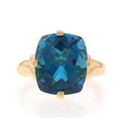 Gelbgold London Blauer Topas Cocktail Solitär Ring - 10k Rechteckiger Kissenschliff 12,50ct