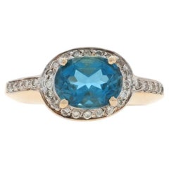Yellow Gold London Blue Topaz Diamond Halo Ring - 14k Oval 3.15ctw