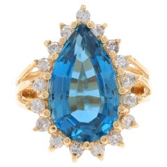 Anillo Halo de Oro Amarillo Londres Topacio Azul y Diamantes - 14k Pera 7.18ctw