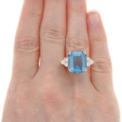 Yellow Gold London Blue Topaz & Diamond Ring, 14k Emerald Cut 11.32ctw